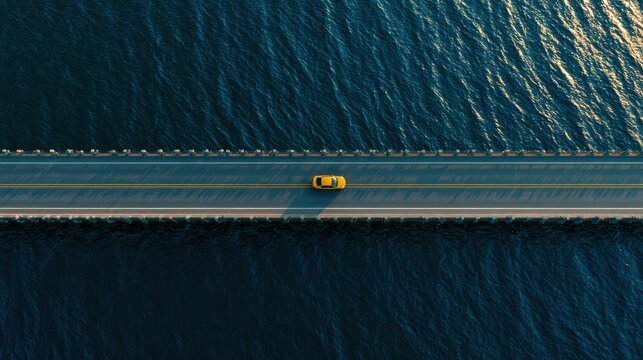 Stunning photo of A yellow car drives across a long bridge over blue water. Aerial travel imagery.