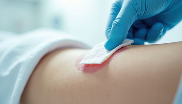 Nurse applies silicone foam dressing to patient hip wound with blue gloved hand. Medical professional treats skin injury. Sterile procedure aids healing process in clinic.
