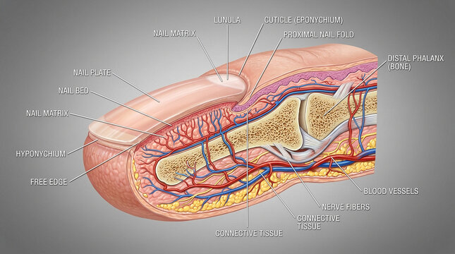 Fingernail anatomy diagram. Detailed medical cross section of human finger.