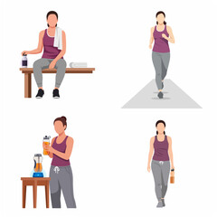 Fototapeta premium Woman Fitness Routine Set with Running, Resting, and Preparing Healthy Smoothie Illustrations