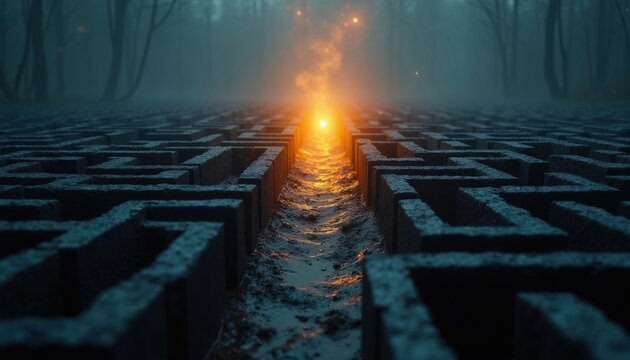 Dark maze path leads toward bright glowing center. Mysterious forest scene with deep perspective and fog. Abstract journey concept with shadows and light.