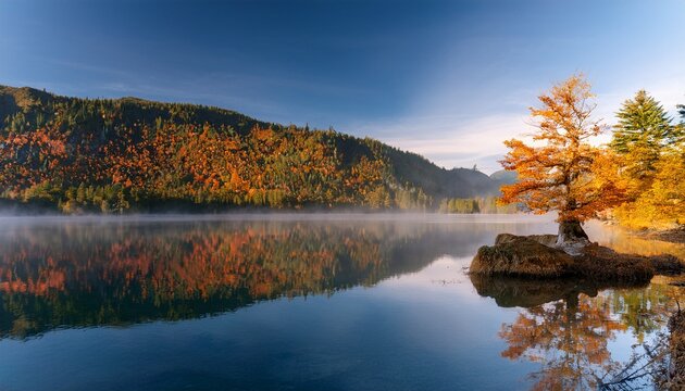 The Fairy Lake Tree At Port Renfrew Fall Colors Misty Morning Wall Decor