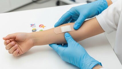 Fototapeta premium Doctor Applying Bandage to Child's Arm After Vaccination or Injection