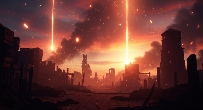 Apocalyptic Cityscape with Laser Beams and Fiery Sky