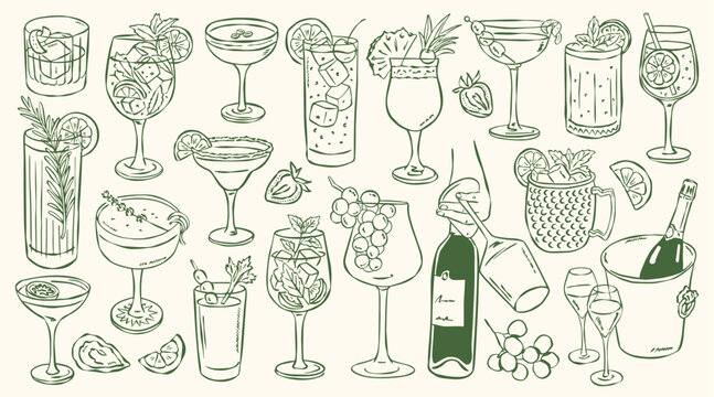 Minimalist hand-drawn popular cocktail vector illustrations in sketch style for greeting cards, wedding invites, posters, branding, logo design, backgrounds, and modern creative projects.