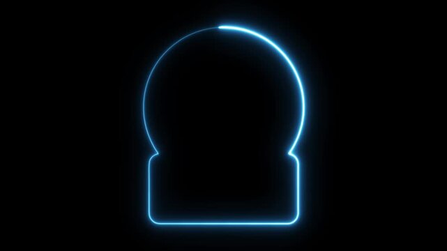 Glowing cyan neon light outline of a simple circular dome or globe shape with a rectangular base isolated on a black background for digital