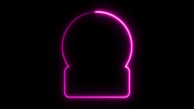 Glowing magenta neon light outline of a simple circular dome or globe shape with a rectangular base isolated on a black background for digital