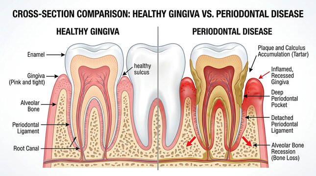 Healthy gingiva vs periodontal disease. Dental anatomy comparison chart.
