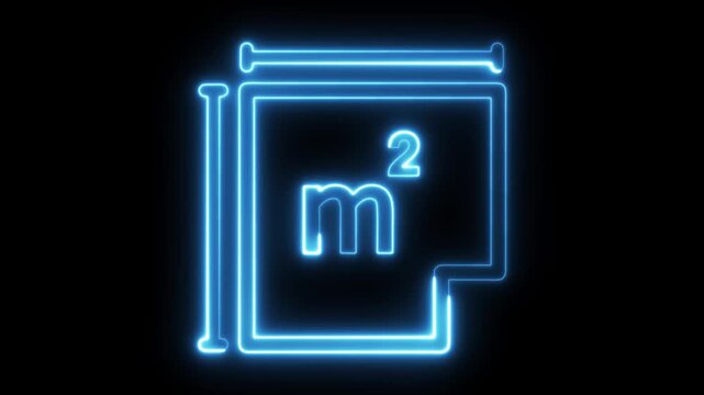 Bright cyan neon light of a floor plan square meter symbol with dimension lines on the sides isolated on a black background for real estate