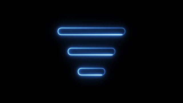 Glowing blue neon funnel with three horizontal lines on a dark black background representing data filtering and digital sorting processes