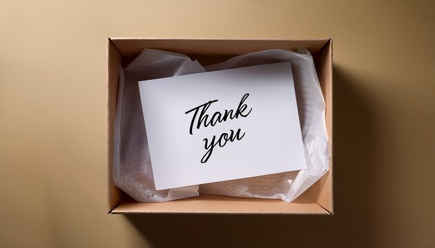 Flat Lay Mockup Of A Simple Thank You Card Inside A Cardboard Box With Tissue Paper Conveying A Minimalist And Neutral Mood