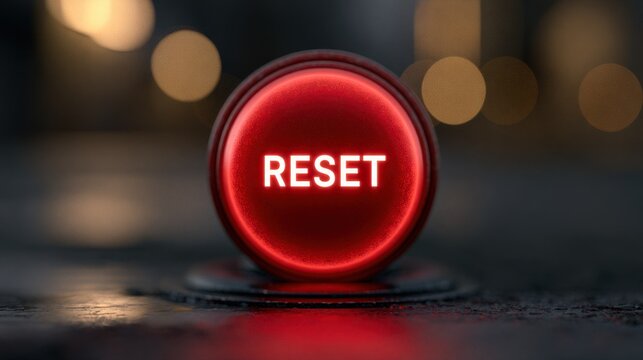 A glowing red emergency button labeled reset sits on a dark surface. It symbolizes starting over, system failure, or a.