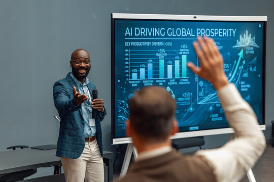 Business presenter engaging audience during AI-driven presentation on global prosperity and productivity growth