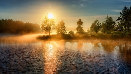 Obraz premium Morning Sun Through Fog At Lake