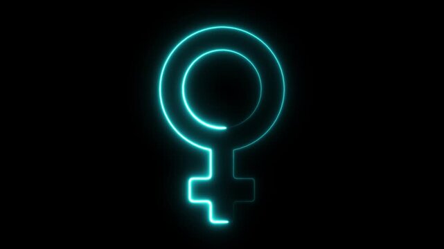 Bright cyan neon female gender symbol isolated on a black background representing women and femininity with a vibrant glowing light effect style