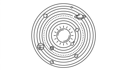 Stylized Solar System Diagram with Planets Orbiting the Sun. © yami