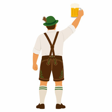 Bavarian man in traditional lederhosen holding a beer mug seen from behind.