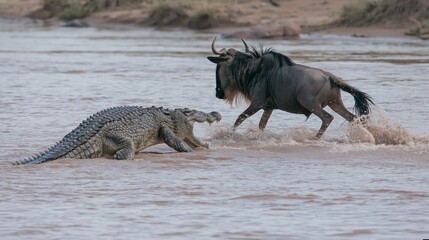 Fototapeta premium Wildlife encounter between crocodile and wildebeest in muddy river