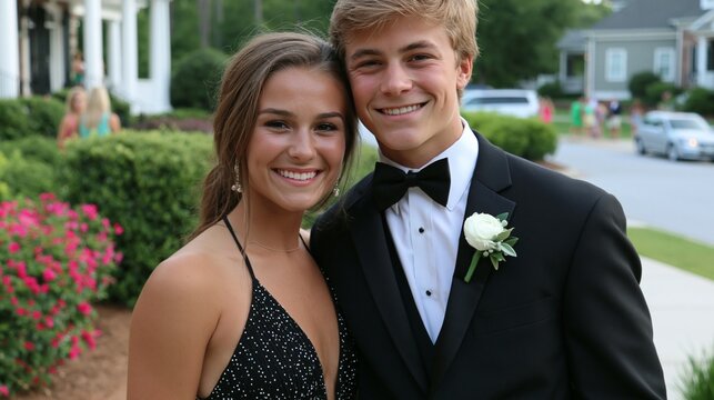 Smiling teenage couple in formal attire posing outdoors on prom night