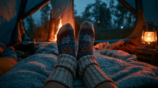 Cozy camping scene with warm firelight and wool socks inside tent