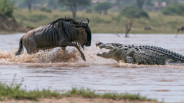 Wildebeest Facing Aggressive Crocodile in Shallow Water in Savanna