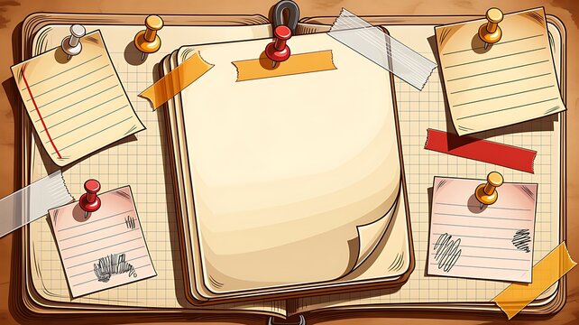 Retro paper notebook page elements with adhesive tape strips, torn edges texture, pins, realistic vector background. Scrapbook stickers, curled memo notes with doodle scribbles, collage school frames 