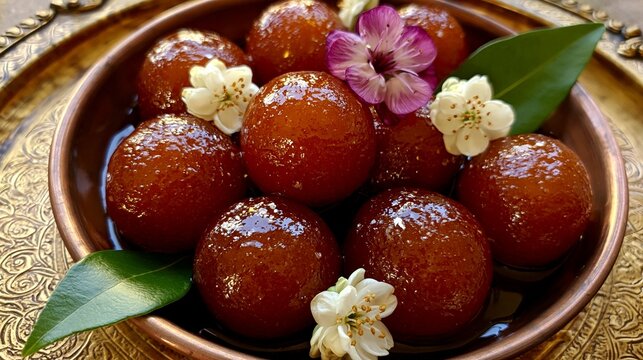Close-up of traditional Indian gulab jamun dessert garnished with edible flowers