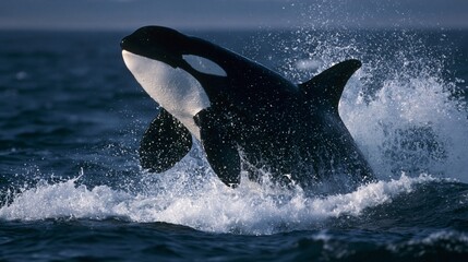 Fototapeta premium Orca whale breaching dramatic ocean waves wildlife action photograph