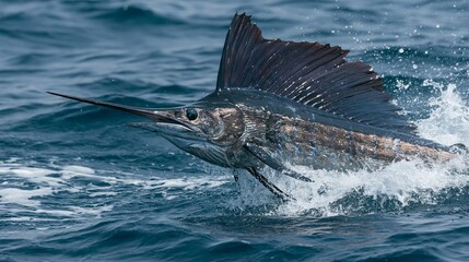 Fototapeta premium Close-up of a Sailfish jumping out of the ocean water during daytime
