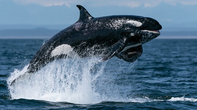 Orca whale breaching the ocean surface with splashing water in natural habitat