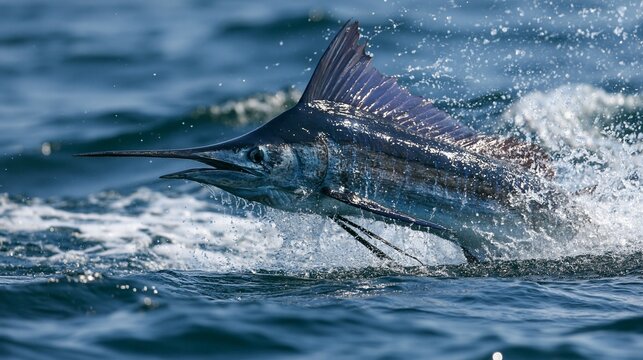 Close-up of a marlin fish jumping out of the ocean water in bright daylight