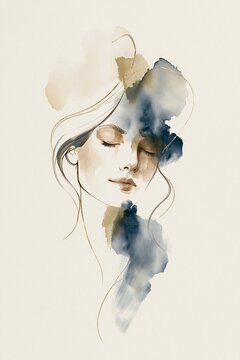 Abstract watercolor portrait of a woman's face with floral design and soft colors