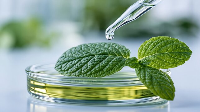 Close-up of green mint leaf in petri dish with dropper liquid application