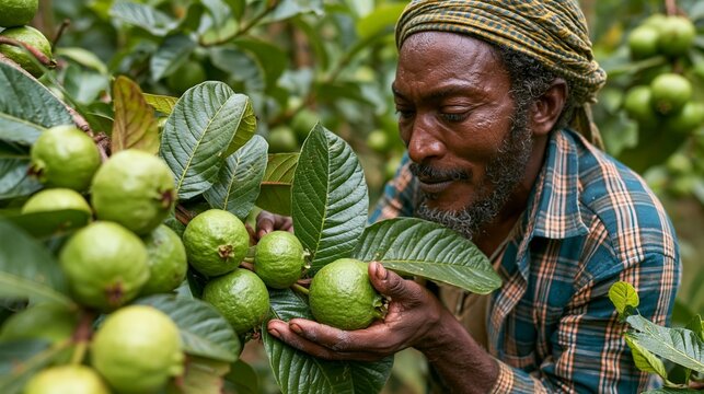 African farmer harvesting fresh guava fruit in tropical orchard