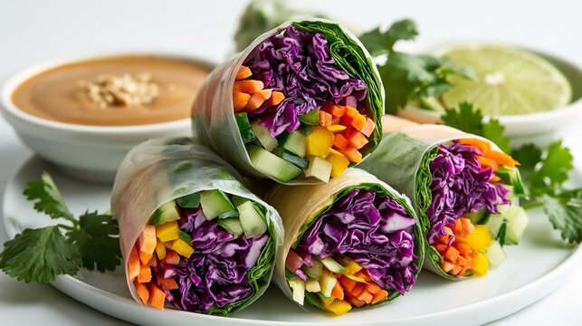 Colorful fresh vegetarian spring rolls with peanut dipping sauce on white plate