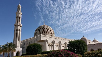 Obraz premium Exterior view of grand mosque with dome and tall minaret under blue sky