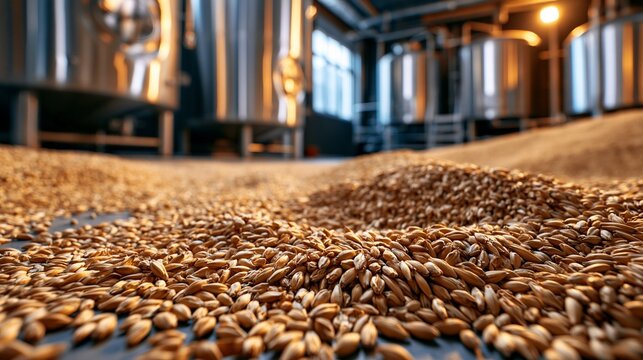 Close-up of malted barley grains in brewery production with stainless steel tanks