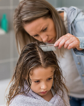 Head lice treatment scene, mother checking daughter&rsquo;s wet hair for lice and nits after applying anti‑lice shampoo, inspecting scalp at the nape while holding fine nit comb in bathroom hygiene routine