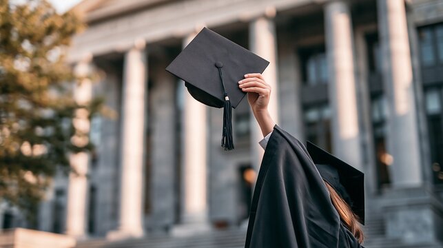 Graduate student celebrating with mortarboard cap raised outdoors in front of university building