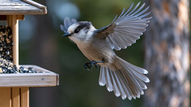Blue Jay Bird in Flight Approaching Feeder with Natural Background
