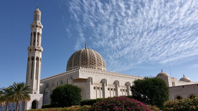 Exterior view of grand mosque with dome and tall minaret under blue sky