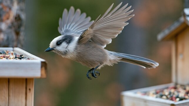 Gray Jay Bird in Mid Flight Near Wooden Feeder with Natural Background