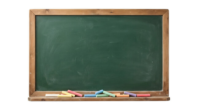 A green chalkboard with a wooden frame and colorful chalks on the ledge isolated on transparent background