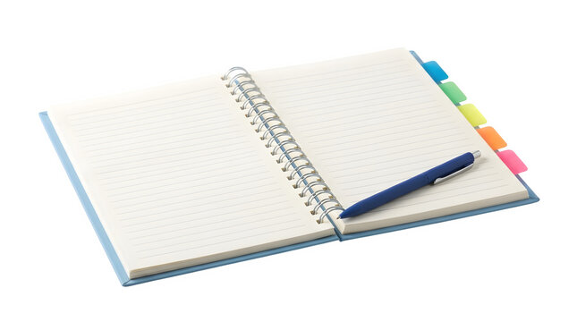 Open spiral bound notebook with colorful tabs and pen on transparent background