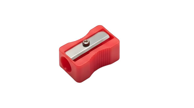 Red plastic pencil sharpener with metal blade isolated on transparent background