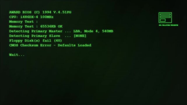 Retro Computer Bios Startup Screen Showing Boot Sequence Error Messages