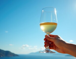 Obraz premium Hand holds glass with yellow wine against bright blue sky and sea. Sun shines reflecting in liquid. Hills visible on horizon. Enjoying vacation.