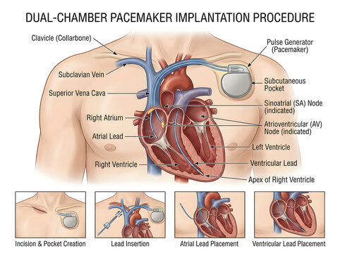 Dual-chamber pacemaker implantation procedure illustration isolated on white background