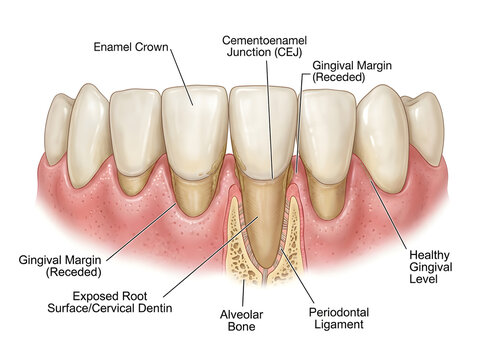 Gum recession and periodontal health diagram of teeth isolated on white background