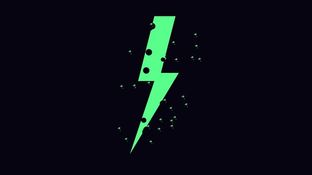 Green lightning bolt with floating particles motion on dark animation 4k background, energy power electricity